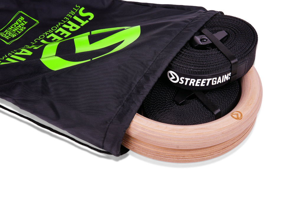 Wooden Gymnastics Rings 28MM – Includes Adjustable Straps and Carrying Bag | StreetGains®