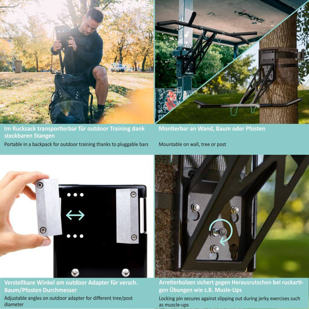 Tragbare Klimmzugstange und Dip-Bar – Montage an Innen- und Außenwänden oder Bäumen | Pullup & Dip®